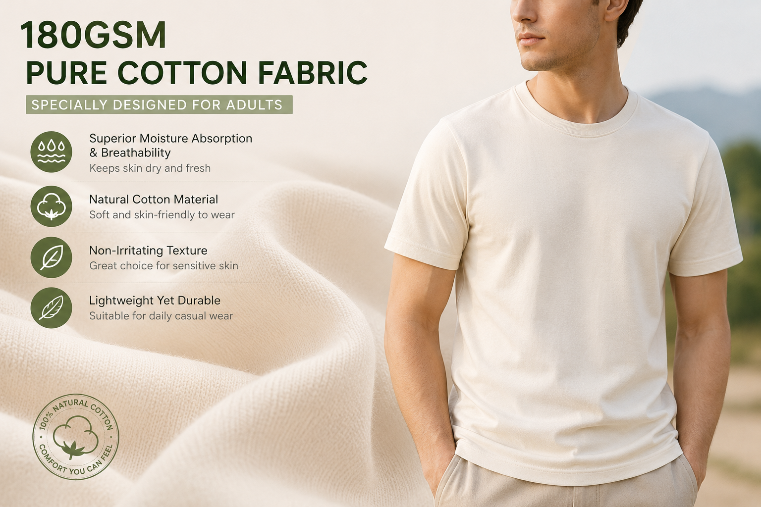 2 Pack Adult Solid Color T-Shirts 180GSM 100% Pure Cotton, High Absorbent Breathable Soft Irritation Free Basic Tee Shirts Ideal for Sensitive Skin
