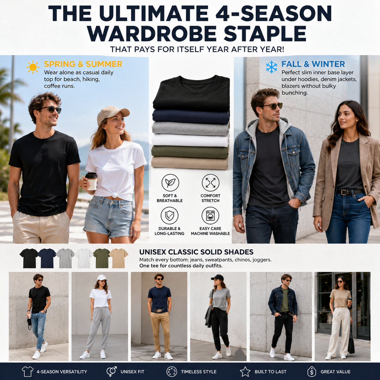 2 Pack Adult Solid Color T-Shirts 180GSM 100% Pure Cotton, High Absorbent Breathable Soft Irritation Free Basic Tee Shirts Ideal for Sensitive Skin